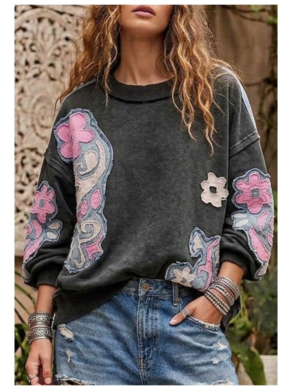 Boho Floral Appliqué Distressed Sweatshirt - Mineral Wash with Pink Accents